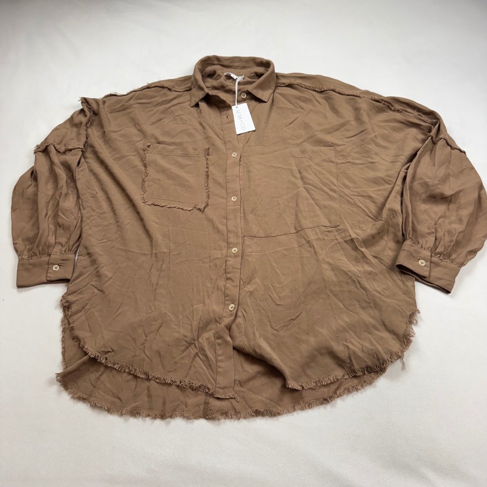 Aemi + Co Brown Frayed Raw Edge Cotton Oversized Button Down Shirt Womens Medium